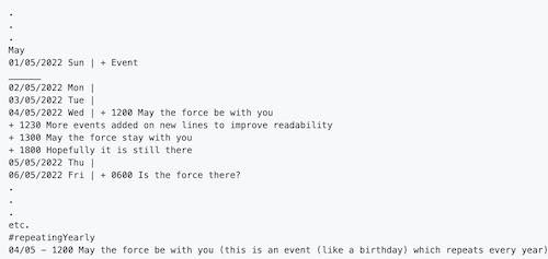Plain text calendar Events txt